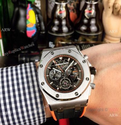 Clone Audemars Royal Oak Offshore Watches Ss Skeleton Face Orange&Black Strap